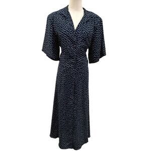 Axiom Vintage Navy Blue Polka Dot Midi Dress 10 Flutter Sleeve 80s Retro Cottage